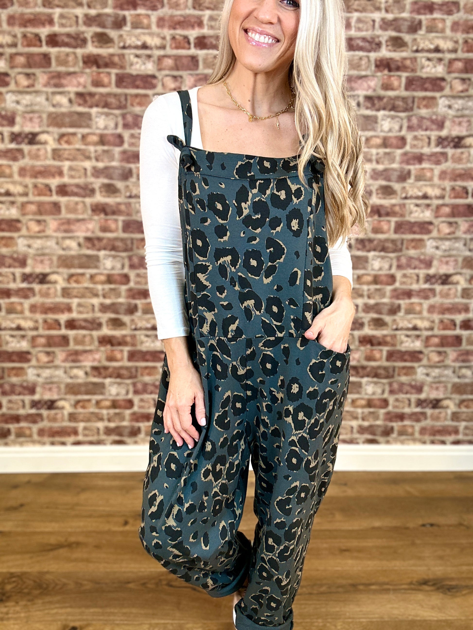 Jersey Dungaree All in One Leopard Print Jade Green