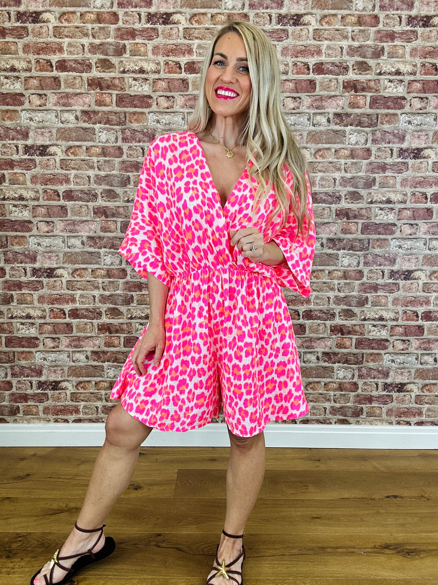 Jinx Leopard Playsuit- Neon Pink