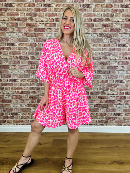Jinx Leopard Playsuit- Neon Pink