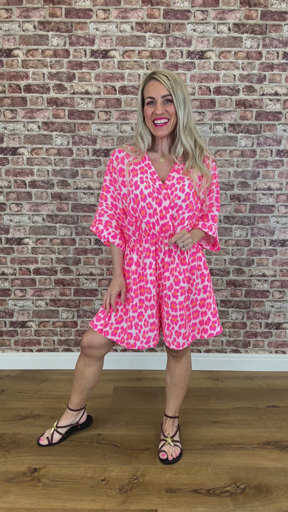 Jinx Leopard Playsuit- Neon Pink